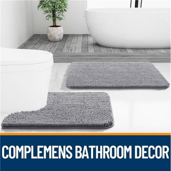 Chenille Bathroom Rug Set 3 Piece Soft Absorbent Quick Dry Bath Mats Grey - Picture 6 of 7